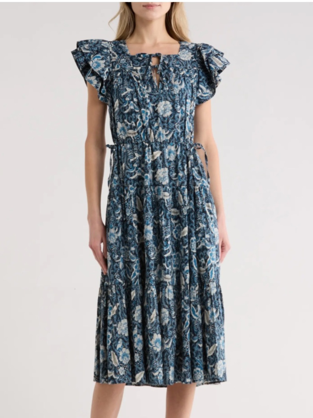 Ulla Johnson Zuma Blue Floral Ruffle-Sleeve Midi Dress